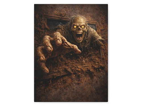 A terrifying zombie with glowing yellow eyes emerges from a dark opening, reaching out with a skeletal hand.