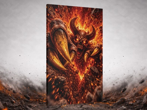 3D flaming demon skull breakout canvas wall art with fire effects