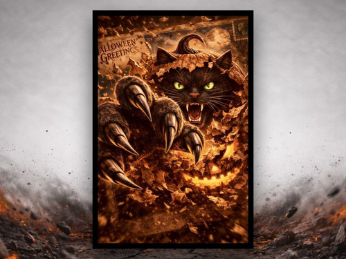 black cat claw breaking through pumpkin vintage halloween canvas art