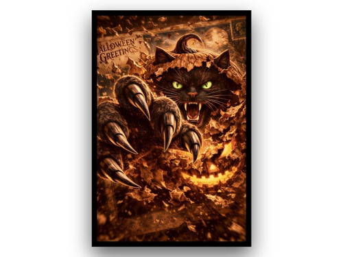 3d illusion black cat halloween wall decor with glowing pumpkin