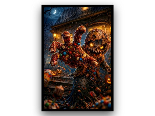 creepy trick or treater candy explosion horror wall art canvas