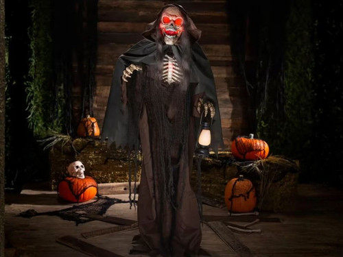 animated skeleton reaper halloween decoration with lantern