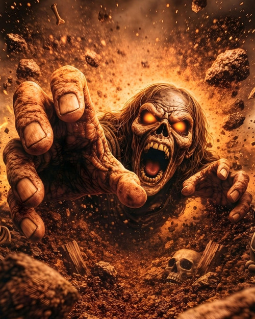 Gothic zombie horror poster with undead monster emerging from darkness