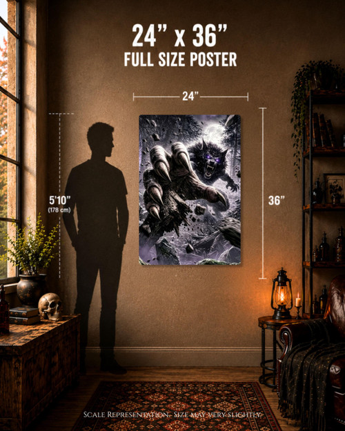 Werewolf wall art print displayed in gothic horror home decor setting