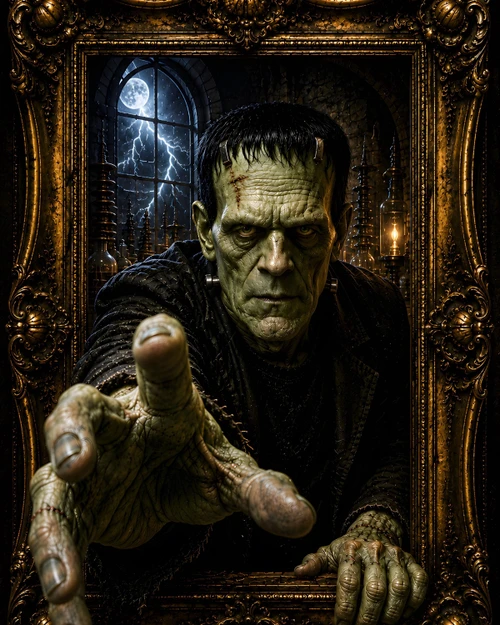 Frankenstein Haunted Portrait horror wall art reaching from ornate frame