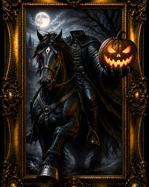 Headless Horseman haunted portrait riding a black horse under a full moon