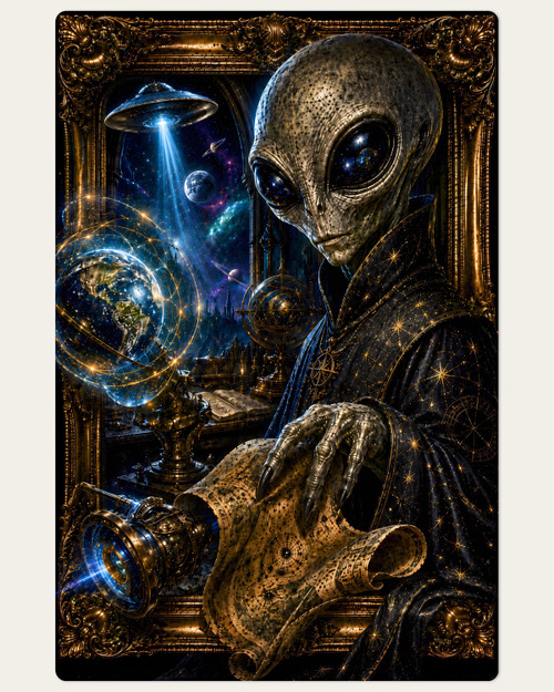 Gothic alien portrait print with extraterrestrial strategist and cosmic map
