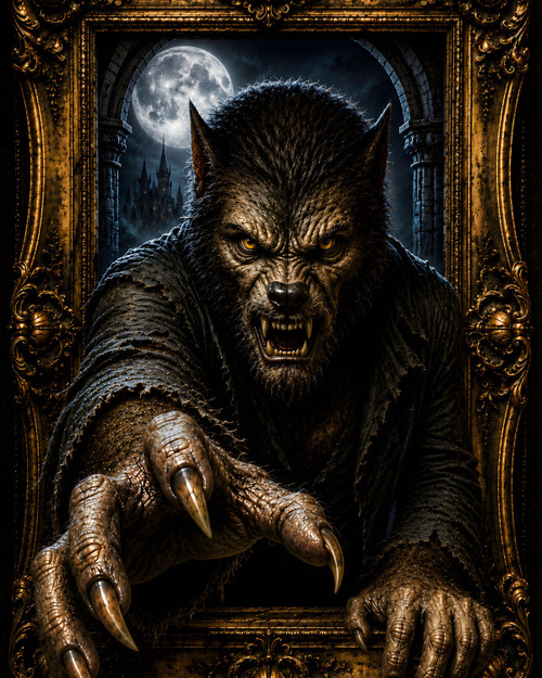 Wolfman haunted portrait wall art with ornate gothic gold frame
