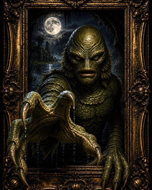 Creature From the Black Lagoon haunted portrait emerging from ornate gothic frame