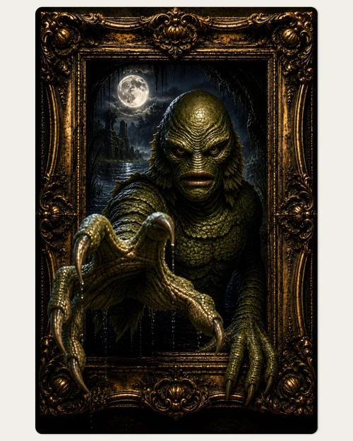 Creature From the Black Lagoon framed horror poster with moonlit swamp scene