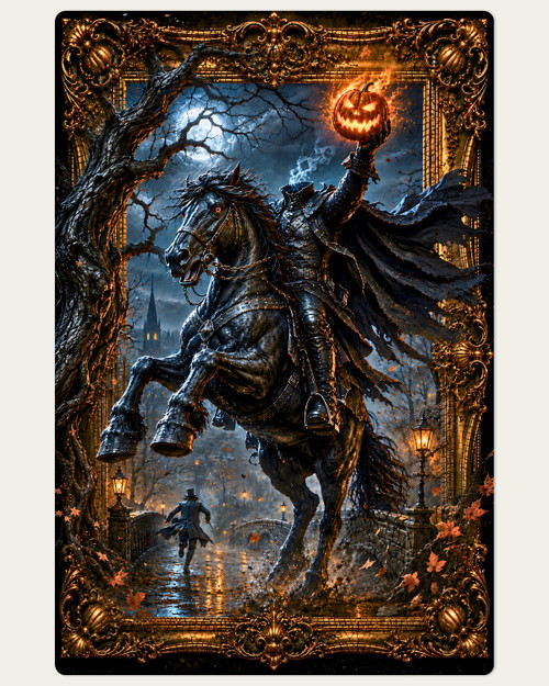 Moonlit Sleepy Hollow chase scene with Ichabod fleeing beneath an ornate gothic frame