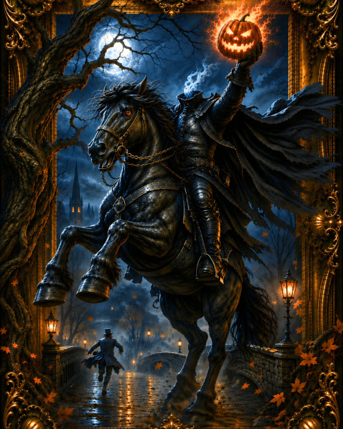 Headless Horseman riding a black horse through Sleepy Hollow with a flaming jack o lantern