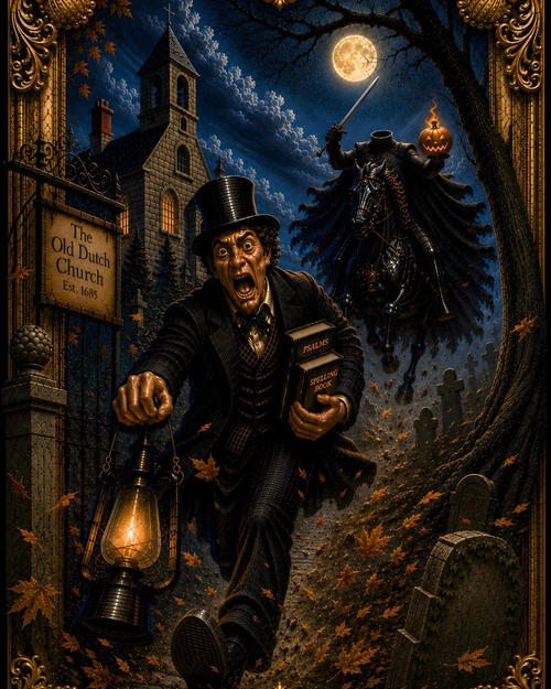 Ichabod Crane fleeing the Headless Horseman near the Old Dutch Church under a full moon