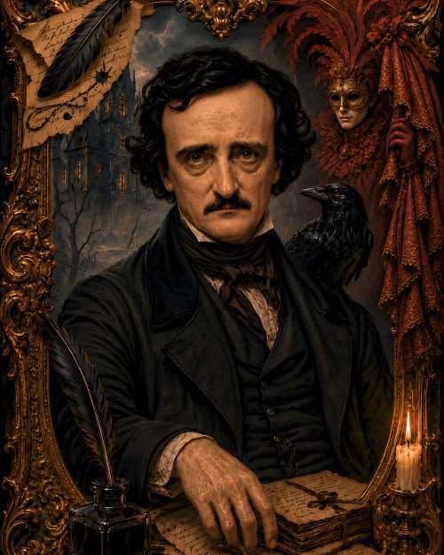 Edgar Allan Poe gothic portrait surrounded by ravens, manuscript pages, candlelight, and haunted mansion shadows