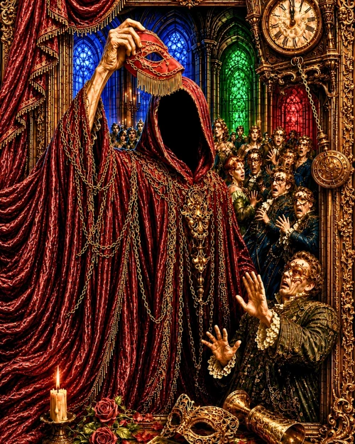 Faceless Red Death figure lifting a red mask in a gothic masquerade ballroom