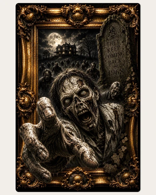 Classic undead horror artwork with graveyard mood and dramatic haunted depth