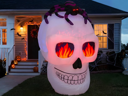 8 ft inflatable skull with spider Halloween yard decor