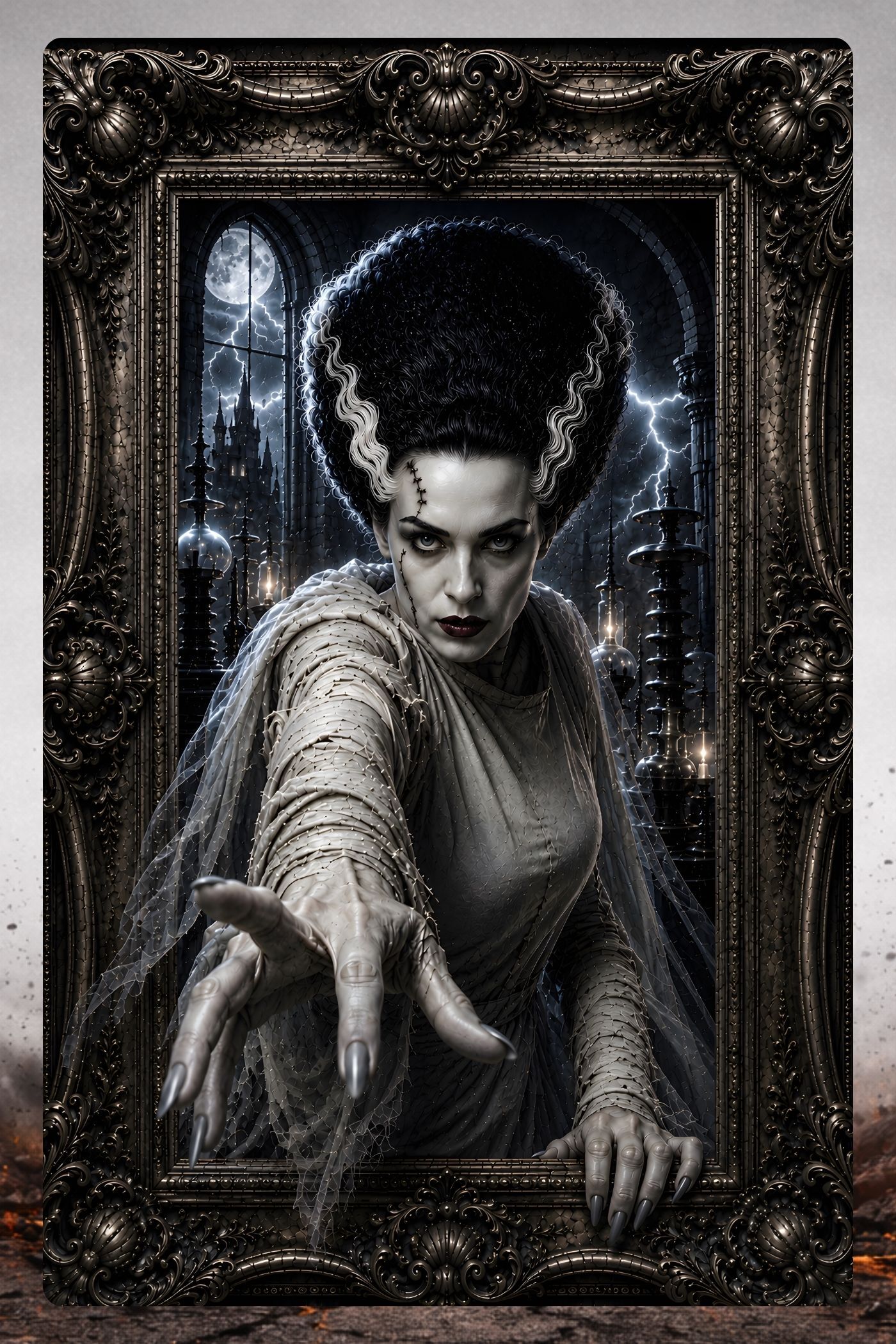 Bride of Frankenstein haunted portrait emerging from ornate gold frame with dramatic white hair