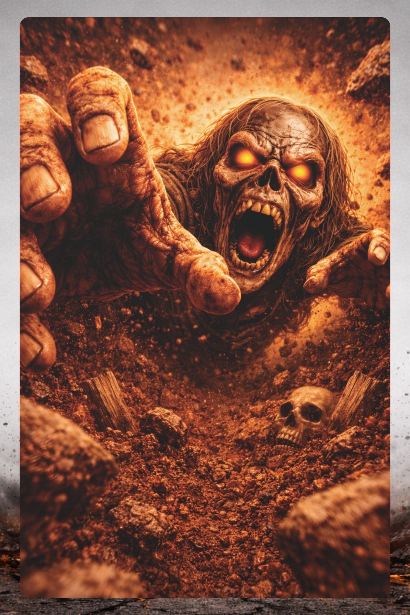 A terrifying zombie with glowing eyes and an open mouth emerges from the dirt, with a skull visible in the background.