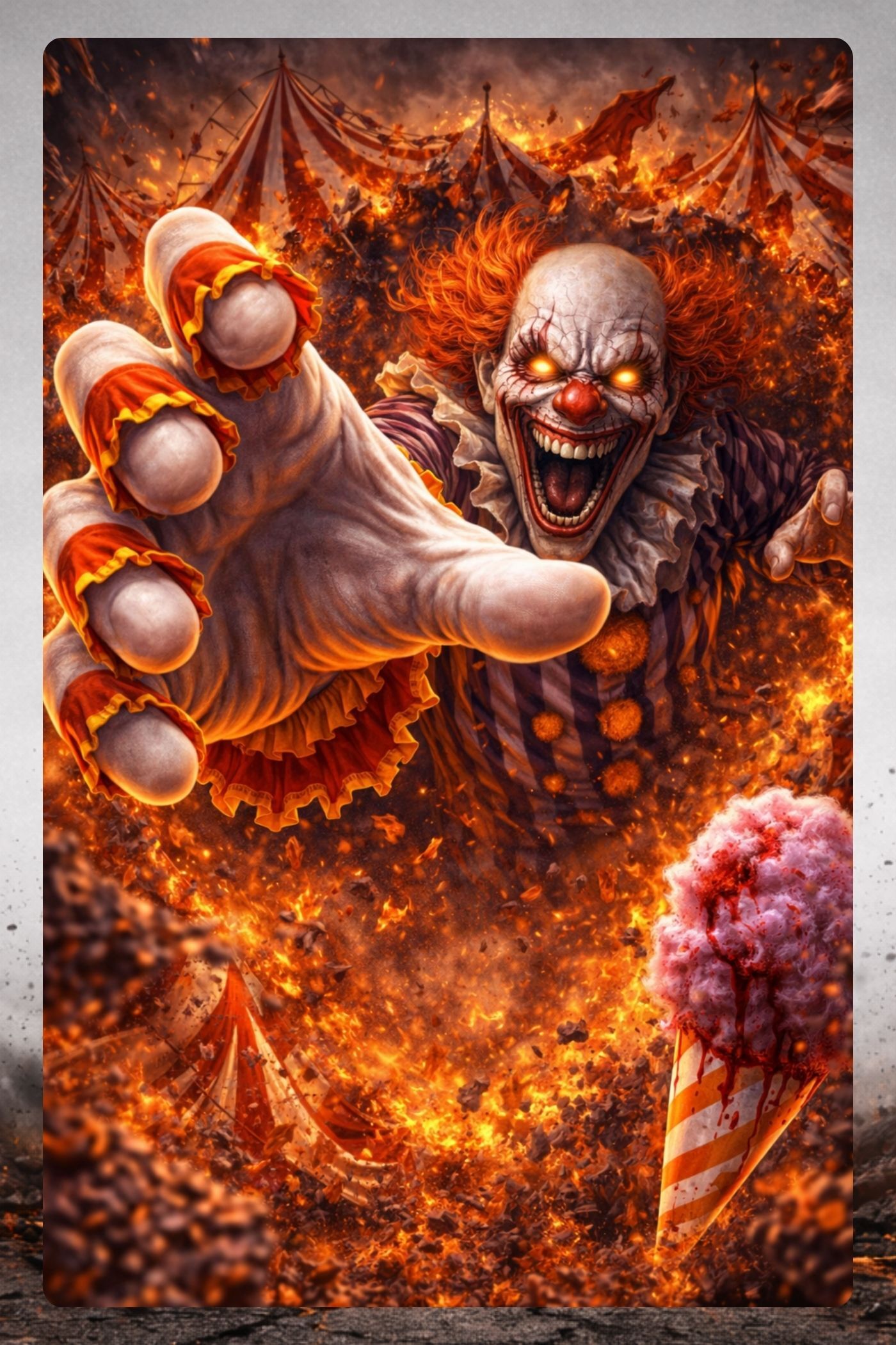 A terrifying clown with glowing eyes and a wide grin reaches out with a large hand towards the viewer, surrounded by fire and circus tents. A bloody ice cream cone is visible in the foreground.