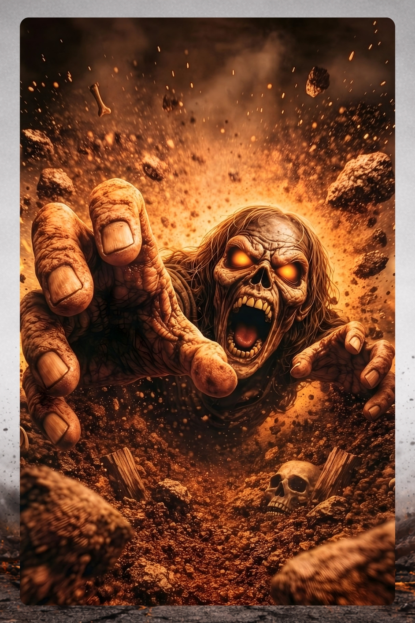 A terrifying zombie with glowing eyes and an open mouth emerges from the dirt, with a skull visible in the background.
