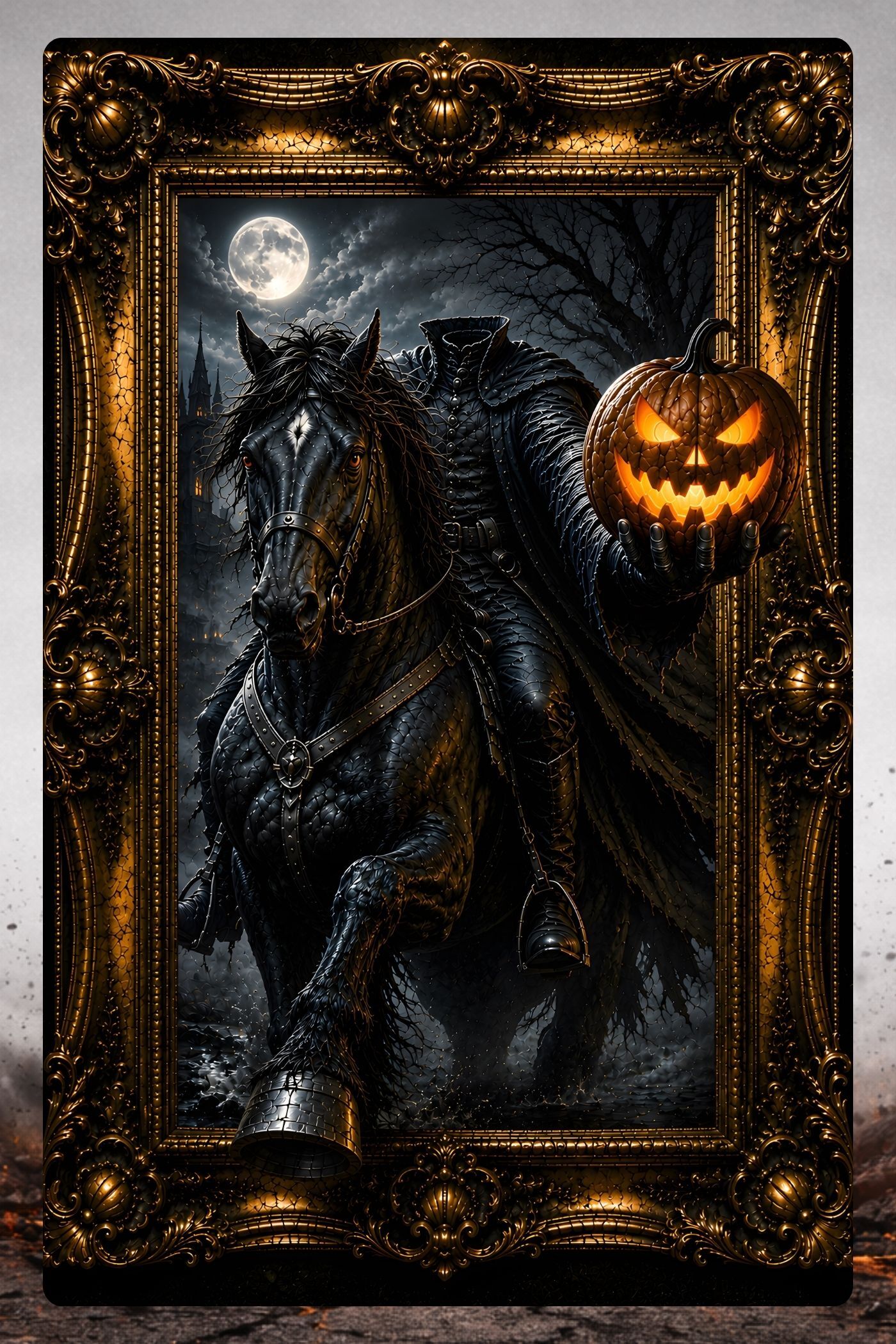 Headless Horseman haunted portrait holding glowing jack o lantern emerging from ornate gold frame