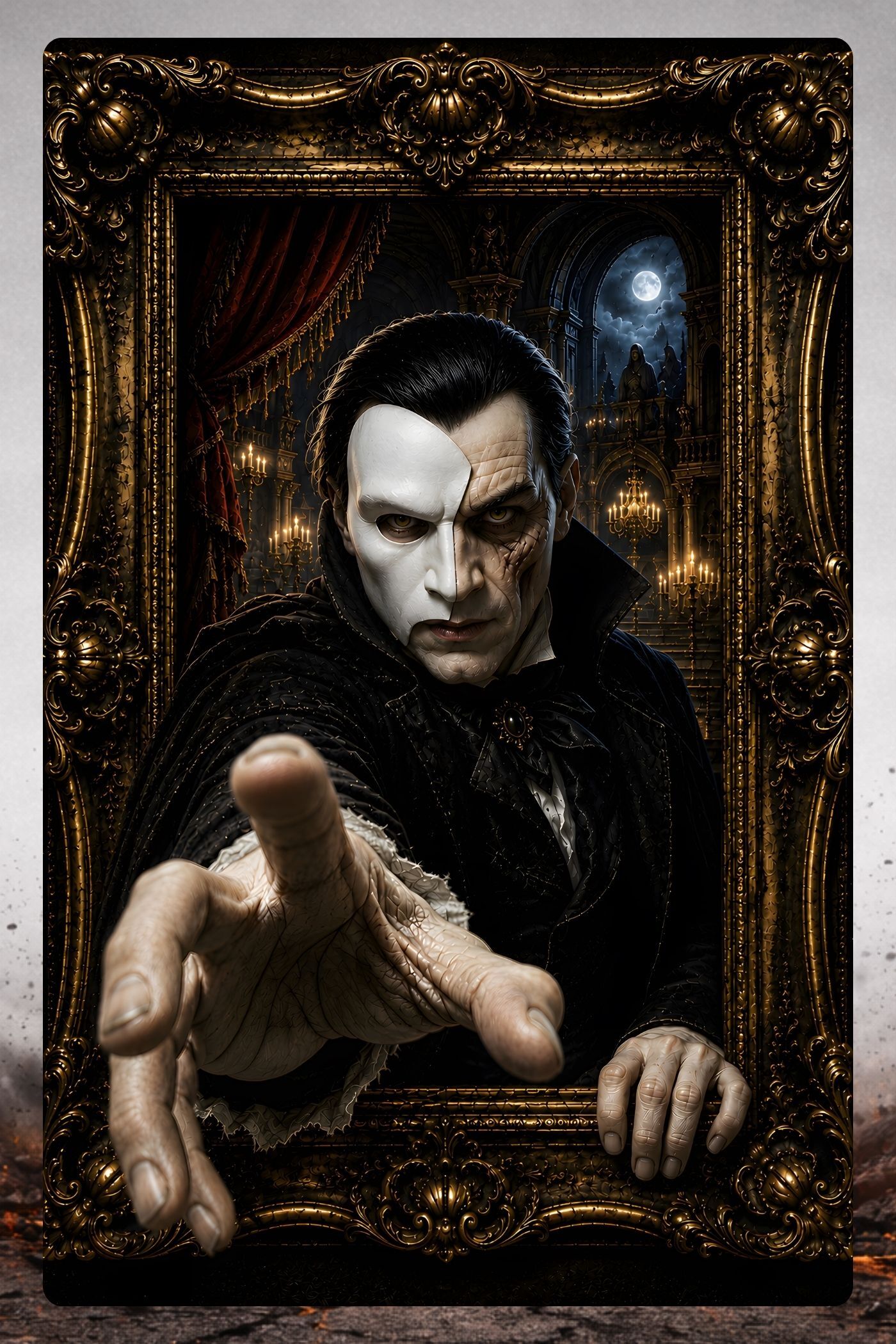 Phantom of the Opera haunted portrait reaching from ornate gold frame in gothic opera house