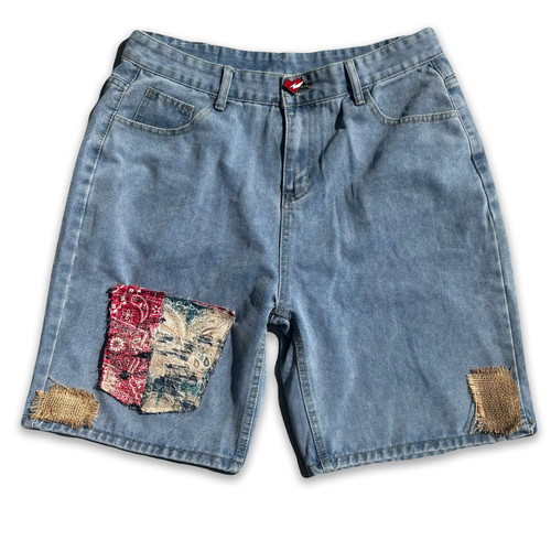 Patchwork boro denim shorts
