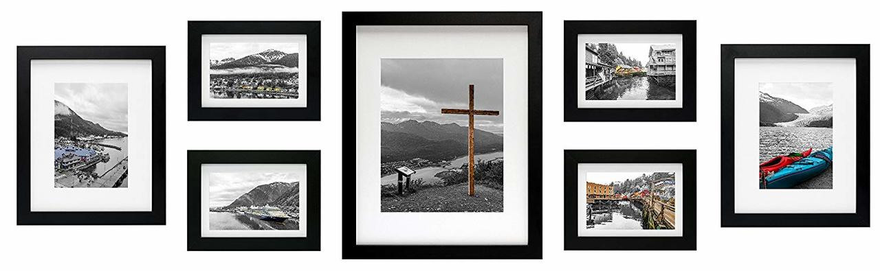 Seven Piece Black Picture Frame Set, White Display Mats