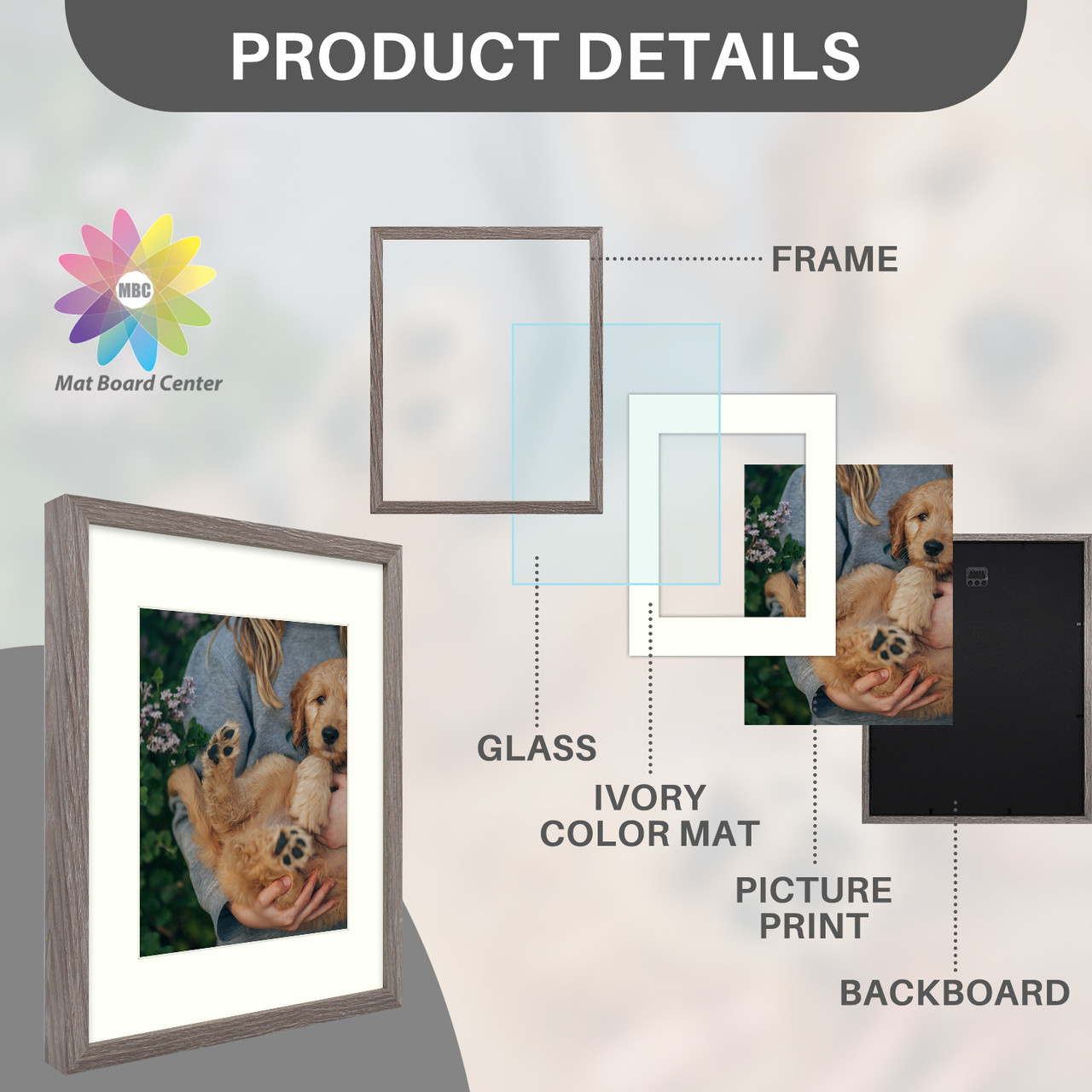 12x12 Grey Picture Frame for 8x8 photo with Ivory Mat and Real Glass