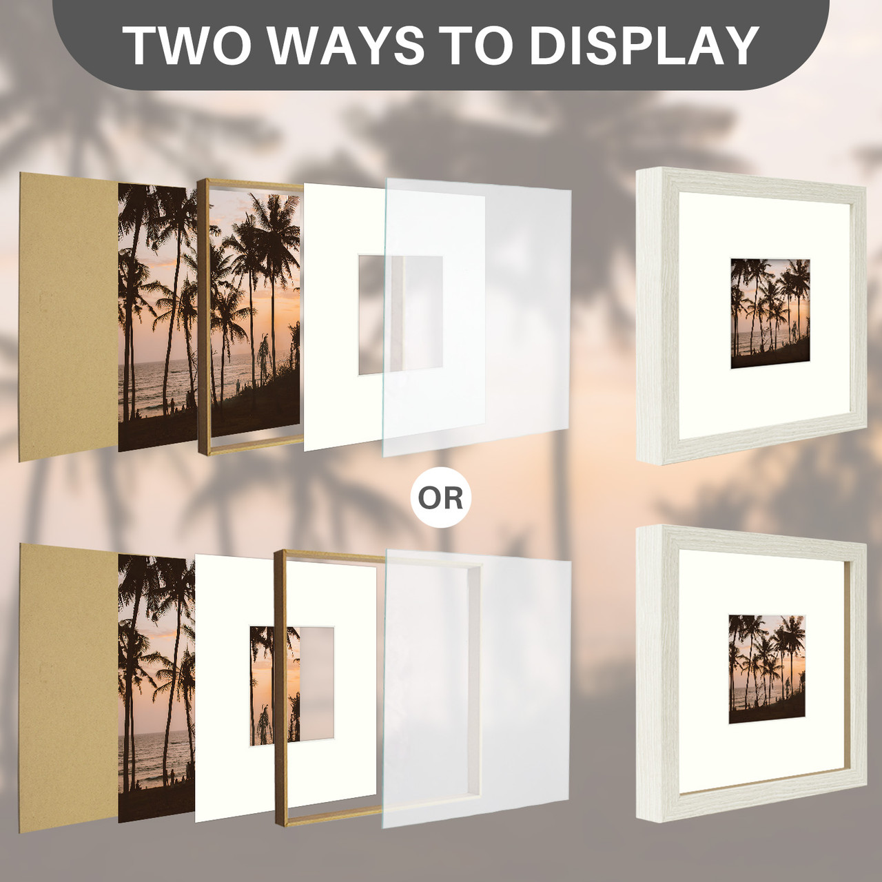 1 Pack 8x8 Picture Frames With Real GlassDisplays 4x4 With Mat Or