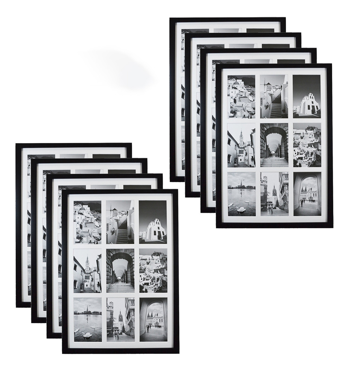 13.6x19.7 Black Wood Picture Frame Collage Matted 9-Opening 4x6 Photos  White Mat