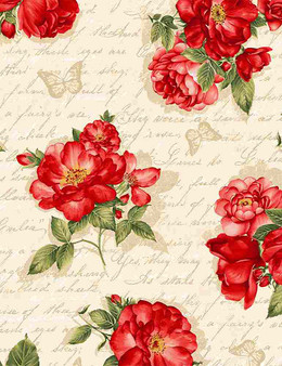 Timeless Treasures - Red Roses on Ancient Text
