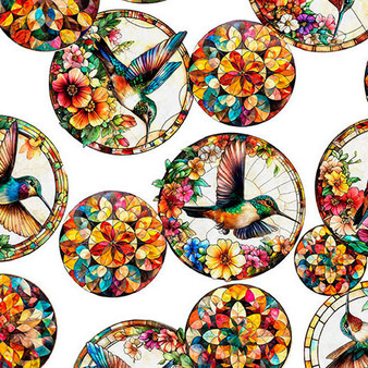 FLIGHT OF THE HUMMINGBIRDS - STAINED GLASS CIRCLE - WHITE