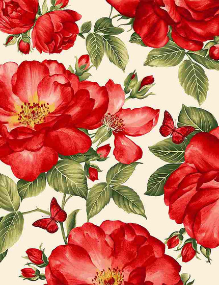 Timeless Treasures - Large Red Roses and Butterflies