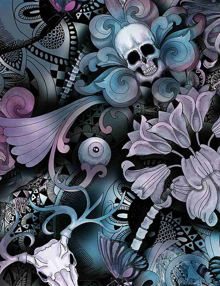 Skull Floral Butterfly Tattoo Print Multi, sold by the half yard