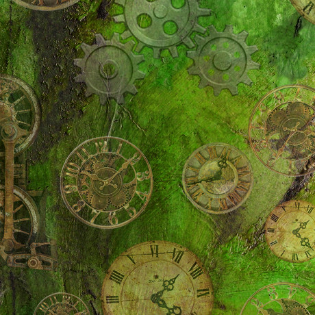 Steampunk Express ||  Gear and Clock Toss Green || Sold by the half yard