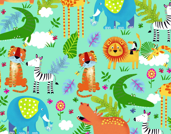 FLANNEL ZOO ANIMALS TEAL