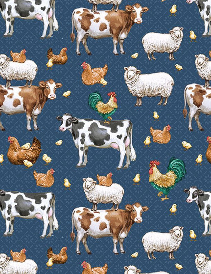 FRIENDLY FARMSTEAD ANIMALS ALL OVER - BLUE