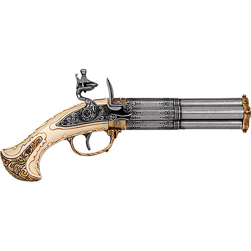 French 18th Century 4 Barrel Flintlock Pistol with Antique Gray Finish Main Image
