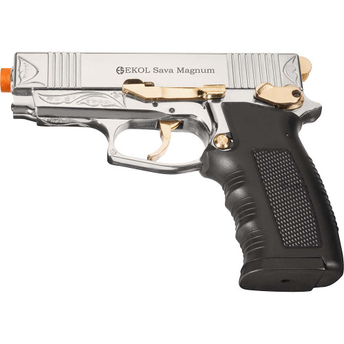 Sava Magnum 9mm Front Firing Blank Gun Semi Automatic - Chrome/Gold Engraved Main Image