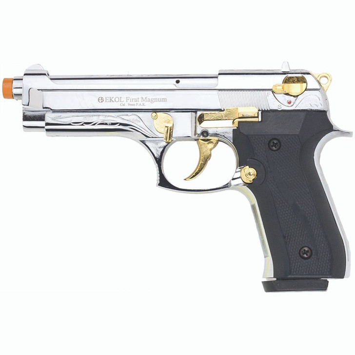 Firat Magnum 92 Front Firing Blank Gun 9mm Semi Automatic - Chrome/Gold Engraved Main  