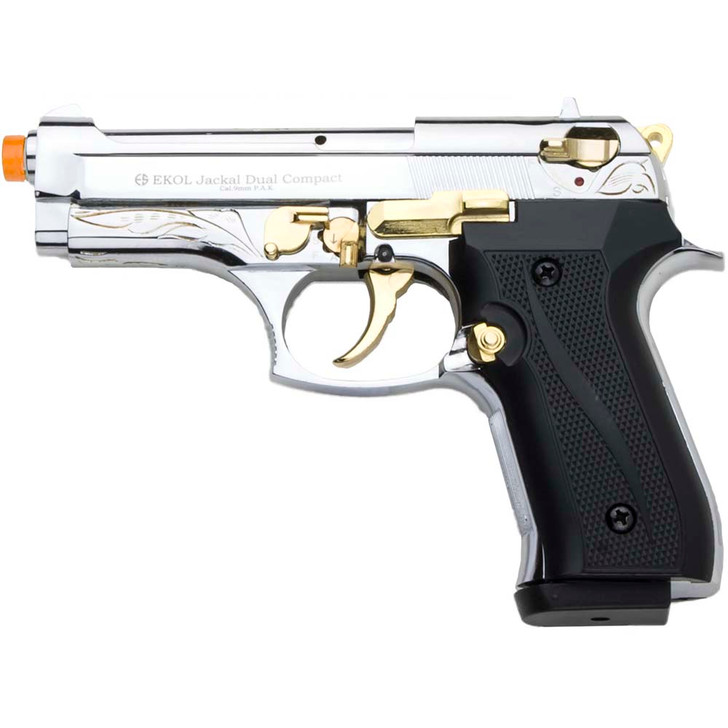 Jackal Compact Automatic 9mm Front Firing Blank Gun - Chrome/Gold Engraved Main  