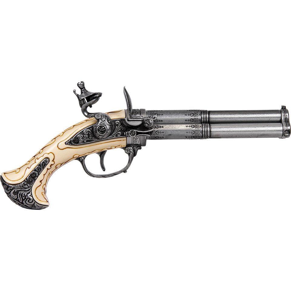 French 18th Century 3 Barrel Flintlock Pistol with Antique Gray Finish Main Image