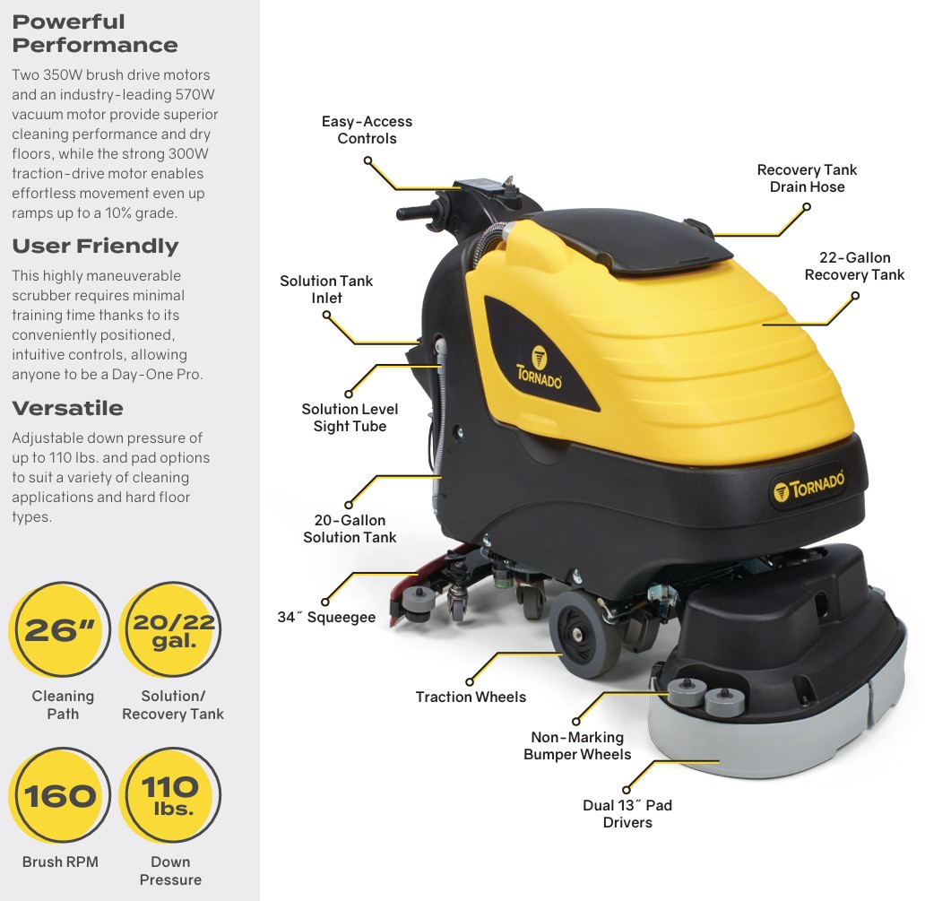 Tornado BD 26/20 Walk-Behind Disk Scrubber labeled feature callouts including traction drive, 26-inch cleaning path, and large tank capacities.