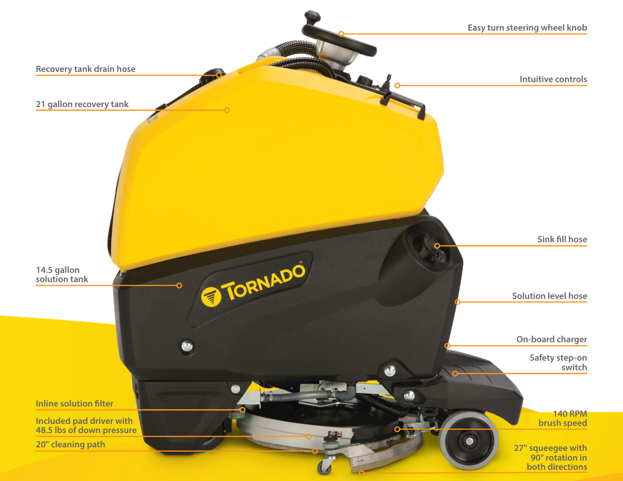 Tornado BDSO 20/21 stand-on rider scrubber features diagram showing tanks, steering, scrub deck, and squeegee rotation