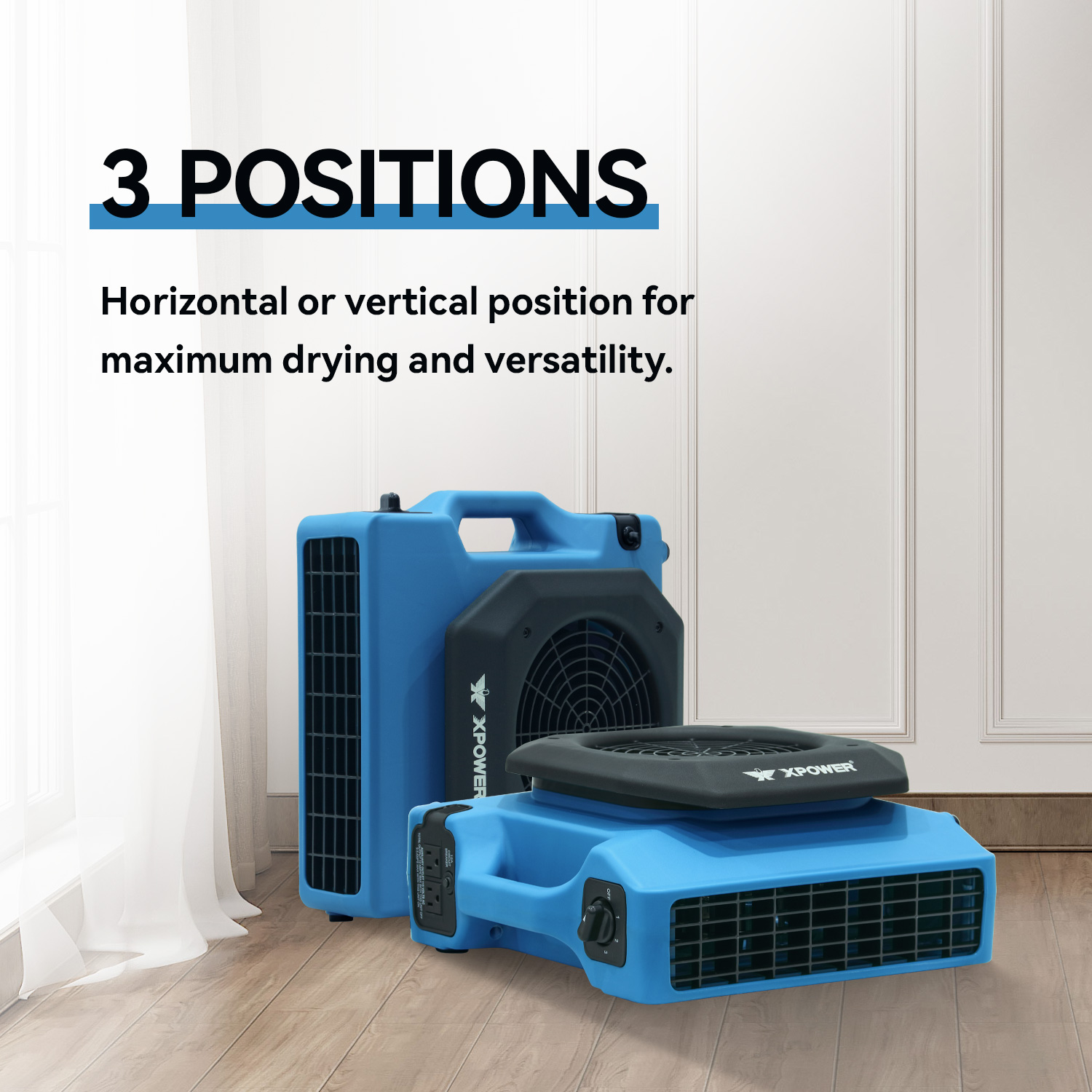 XPOWER XL-760AM low profile air mover showing multiple drying positions