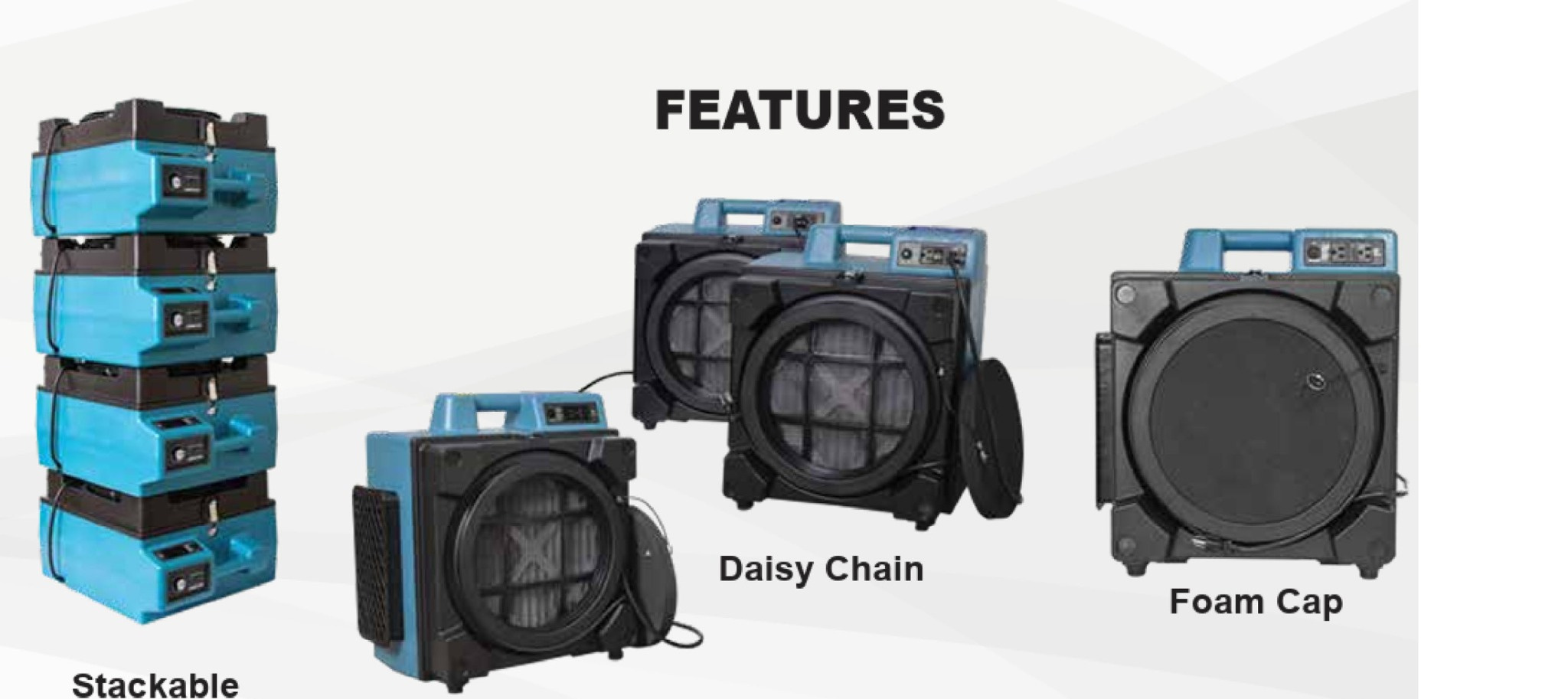 XPOWER air scrubber features including stackable design, multi-stage filtration, and airflow controls