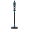 Front-facing studio image of the Advance/Nilfisk VU200 cordless stick vacuum. This angle showcases the centered dust bin, LED indicators, intuitive blue touchpoints, and the motorized brush head with debris guard for versatile commercial floor cleaning.
