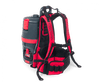 Ergonomic backpack harness with padded shoulder straps, adjustable waist belt, and breathable mesh panel designed to reduce fatigue during extended cleaning.
